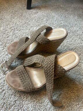 Stuart Weitzman Tan Woven Espadrille Wedge Sandals